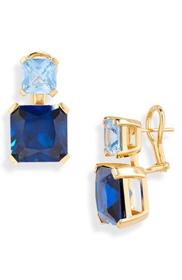 Judith Leiber Two Tone Cubic Zirconia Drop Earrings in Gold Aqua Blue
