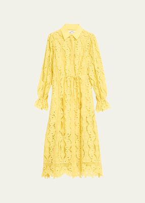 Judy Blouson-Sleeve Floral Lace Midi Shirtdress