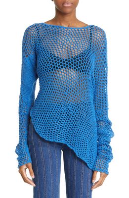 Judy Turner Gender Inclusive Fishnet Crochet Asymmetric Hem Cashmere Sweater in Liber