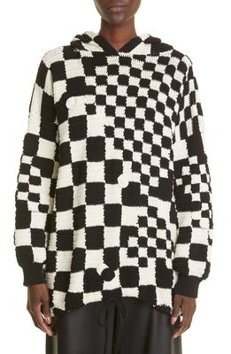 Judy Turner Unisex Pi Checkered Crochet Cotton Blend Hoodie in Nero Ecru