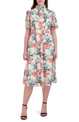 Julia Jordan Floral Print Flutter Sleeve Midi Dress in Ivory Multi