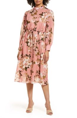 Julia Jordan Floral Print Long Sleeve Blouson Midi Dress in Blush Multi