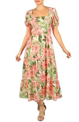 Julia Jordan Floral Puff Sleeve Midi Dress in Ivory/Pink Multi