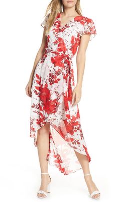 Julia Jordan High/Low Floral Wrap Dress in Ivory/Red
