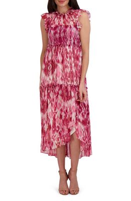 Julia Jordan Ikat Print Tiered Midi Dress in Pink Multi