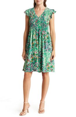 Julia Jordan Pleated Floral Print Dress in Green Multi