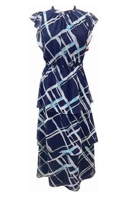 Julia Jordan Print Tiered Ruffle Dress in Navy Multi
