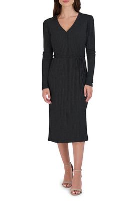 Julia Jordan Rib Tie Waist Long Sleeve Sweater Dress in Black