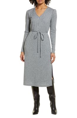 Julia Jordan Rib Tie Waist Long Sleeve Sweater Dress in Grey