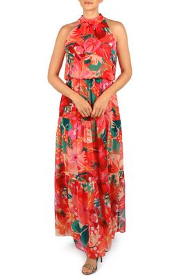 Julia Jordan Tiered Tie Waist Halter Maxi Dress in Red Multi