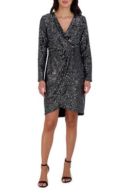 Julia Jordan Velvet Sequin Long Sleeve Faux Wrap Dress in Black/Silver