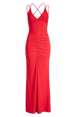 Jump Apparel Ruched Double Strap Jersey Gown in Red