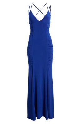 Jump Apparel Ruched Lace-Up Jersey Column Gown in Royal
