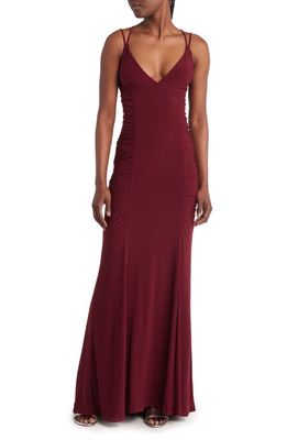 Jump Apparel Ruched Lace-Up Jersey Column Gown in Wine