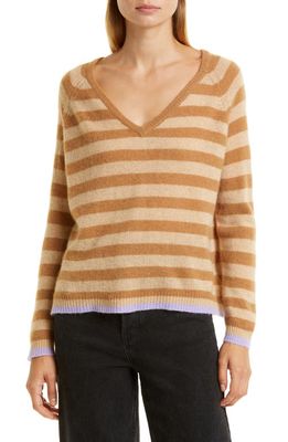 JUMPER 1234 Wide Stripe V-Neck Cashmere Sweater in Camel Lavendar