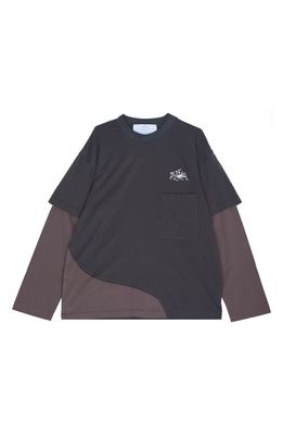JUNGLES Embroidered Double Layer Long Sleeve Pocket T-Shirt in Phantom Shark