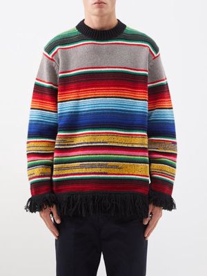 Junya Watanabe - Fringed Striped Wool Sweater - Mens - Black Multi