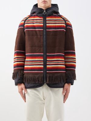 Junya Watanabe - Fringed Wool And Quilted Taffeta Hooded Jacket - Mens - Black Brown Multi