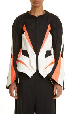 Junya Watanabe Nylon Canvas & Faux Leather Moto Jacket in 1 Bk X Wh X Fluo Org