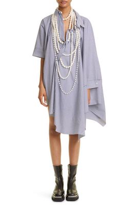 Junya Watanabe Stripe Asymmetric Oversize Button-Up Shirtdress with Imitation Pearls in 1 White /Navy