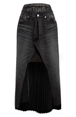 Junya Watanabe x Levi's Mixed Media High-Low Pleated Satin & Denim Midi Skirt in Gray X Black
