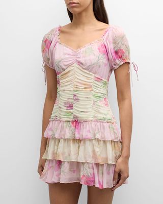 Jupe Puff-Sleeve Tiered Ruffle Mini Dress