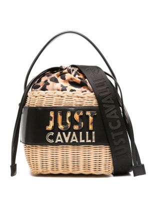 Just Cavalli basket-weave logo-embossed bucket bag - Neutrals
