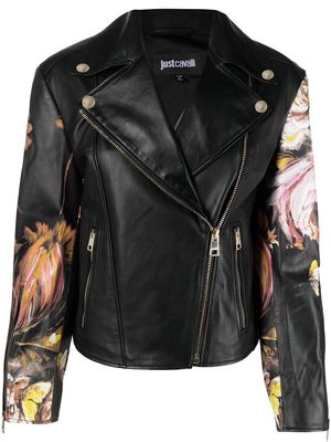 Just Cavalli floral-print leather biker jacket - Black