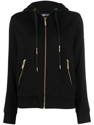 Just Cavalli logo-flocked zip-up cotton hoodie - Black