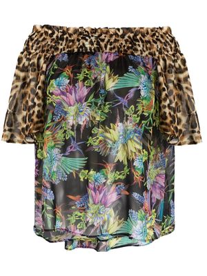 Just Cavalli mixed-print off-shoulder blouse - Brown