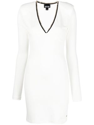 Just Cavalli stud-detailing V-neck fitted dress - White