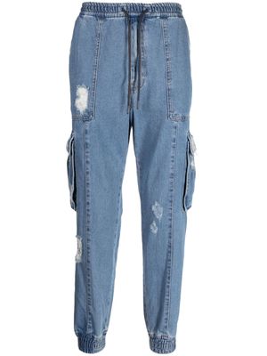 Juun.J distressed-effect drawstring cotton tapered jeans - Blue