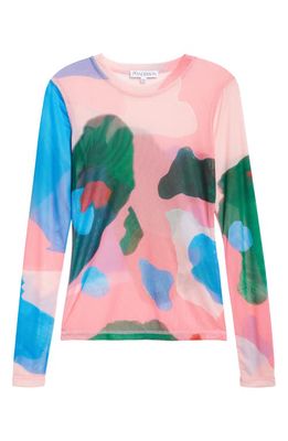 JW Anderson Abstract Print Long Sleeve Underpinning Mesh Top in Pink/Multi