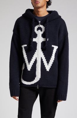 JW Anderson Anchor Front Zip Knit Wool Hoodie in Navy