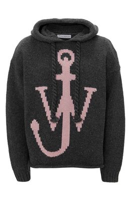 JW Anderson Anchor Intarsia Hooded Wool Sweater in Charcoal