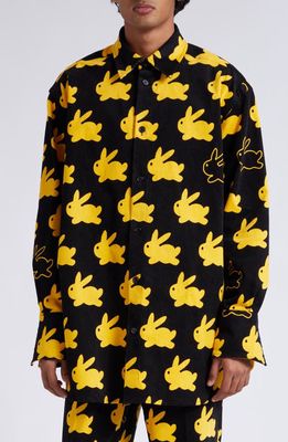 JW Anderson Bunny Print Oversize Corduroy Button-Up Shirt in Black/Yellow