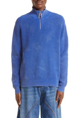 JW Anderson Can Puller Quarter Zip Cotton Sweater in Cobalt