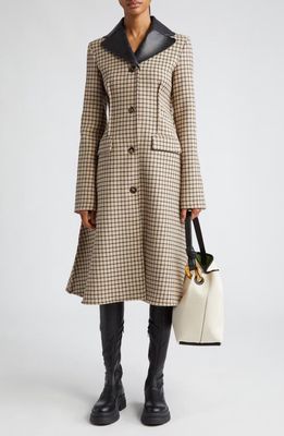 JW Anderson Check Cotton & Wool Blend A-Line Coat with Removable Leather Trim in Clay