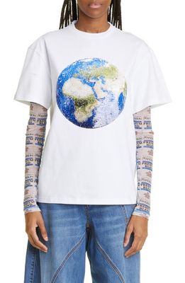 JW Anderson Classic Fit Sequin Globe Organic Cotton T-Shirt in White