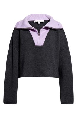JW Anderson Colorblock Half Zip Wool & Cashmere Crop Pullover in Charcoal Melange/Purple