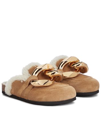 JW Anderson Embellished shearing and suede slippers