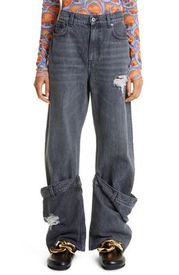 JW Anderson Gender Inclusive Bucket Distressed Straight Leg Jeans in Grey