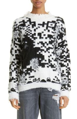 JW Anderson Gender Inclusive Oversize QR Code Jacquard Distressed Sweater in White/Black