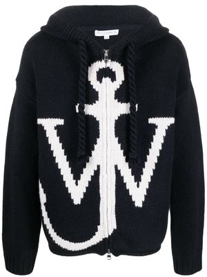 JW Anderson JW-initials anchor-logo intarsia-knit hoodie - Blue