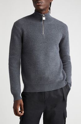 JW Anderson Padlock Puller Quarter Zip Wool Sweater in Charcoal Melange