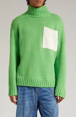 JW Anderson Patch Pocket Alpaca & Wool Blend Turtleneck Sweater in Bright Green