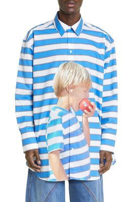 JW Anderson Stripe Boy with Apple Graphic Oversize Cotton Shirt in Blue