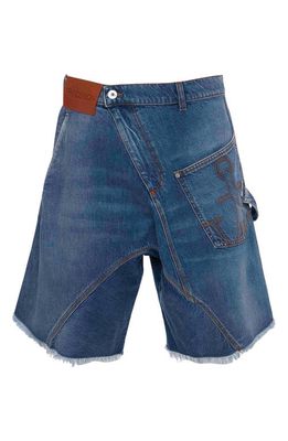JW Anderson Twisted Cutoff Nonstretch Denim Workwear Shorts in Light Blue Denim