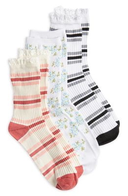 K Bell Socks Spring Stripes Ruffle Assorted 3-Pack Crew Socks in White/Assorted 