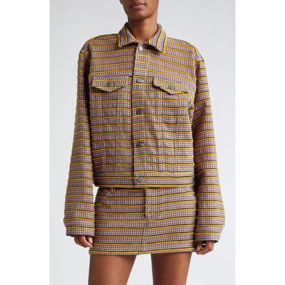 K.NGSLEY Gender Inclusive Chenille Stripe Trucker Jacket in Brown Multi